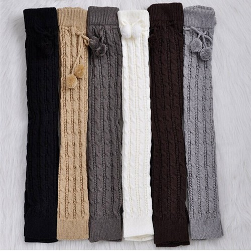 Women Winter Knitted Leg Warmer Knee Thigh High Long Boots Socks With Fur Ball - Picture 17 of 18