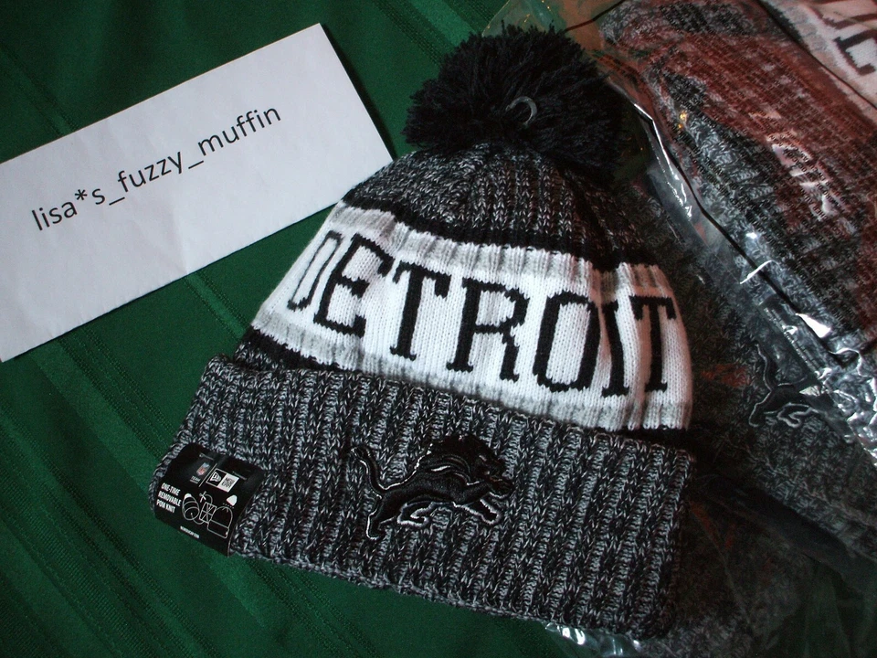 Detroit Lions New Era knit POM hat beanie NEW On Field #RARE# Black & White 2018 - Image 2 of 4