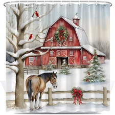 Shower Curtain Country Barn Wreath Horses Green Pine Tree Red Bird Snow Fence Vi