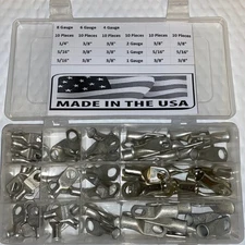 70 PIECES 7 SIZES TINNED COPPER LUG BATTERY CONNECTOR TERMINAL Made in USA UL