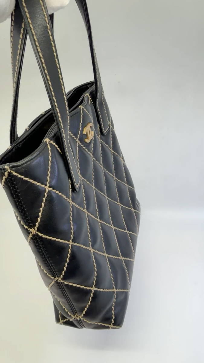 Authentic Women CHANEL Wild Stitch Surpique Tote Handbag, Black