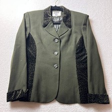 Vintage Kasper A.S.L Dark Olive Green Blazer Coat 6P Leopard Print Velvet Trim