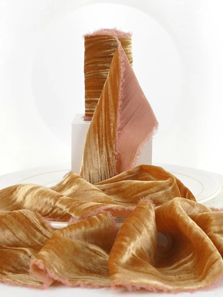 Velvet Ribbon Frayed Edged 3 Inch Cinnamon Crinkled Silk Wreath Deco - Image 3 of 4