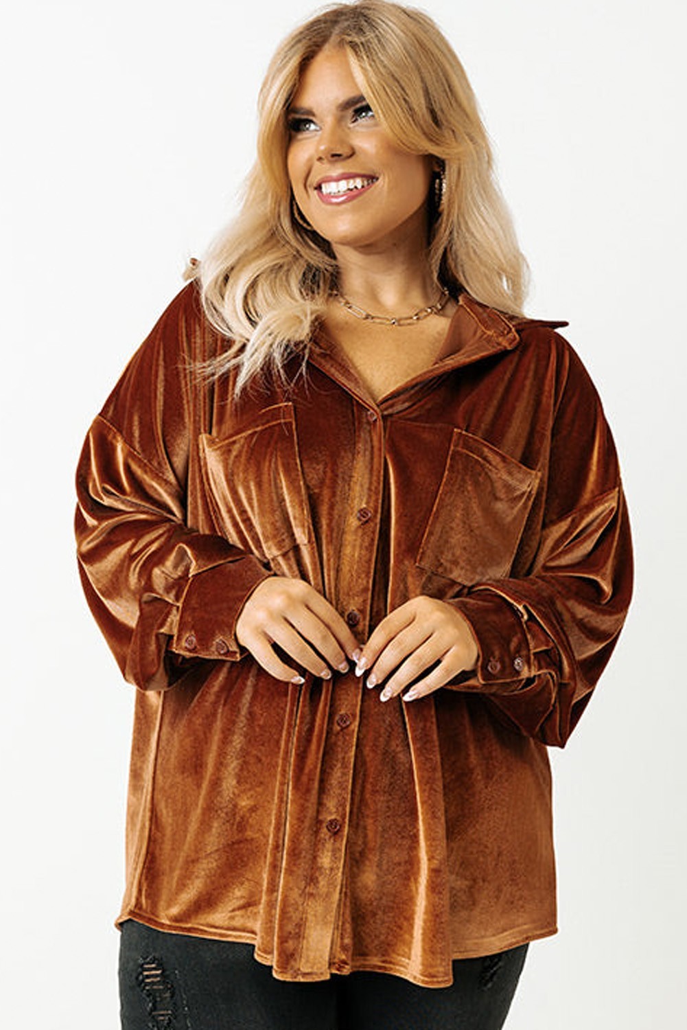 Chestnut Brown Velvet Shirt 3XL Plus Size Drop Shoulder Pocket Top UK Size 24 image 4