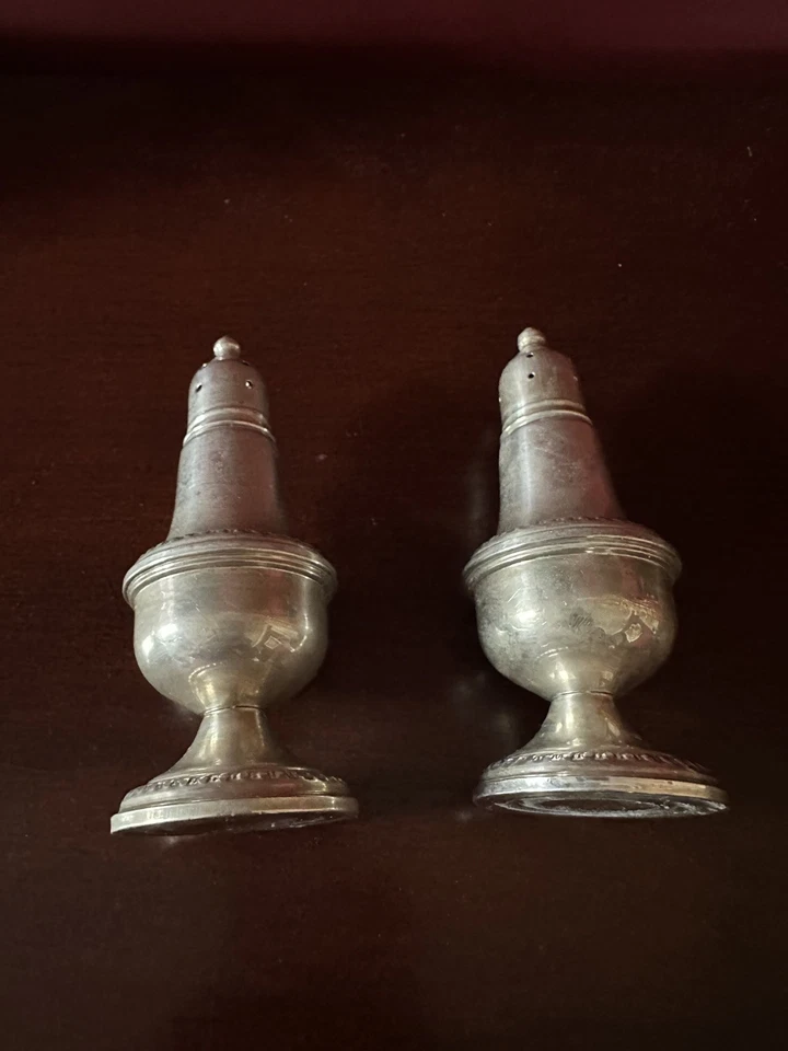Salero y pimentero Empire vintage de plata esterlina, con peso Foto 2 de 4