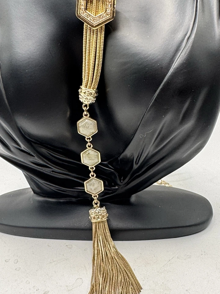 WHBM White House Black Market Hexagon Tassel Statement Necklace Gold Tone - Image 3 of 4