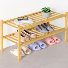 Bamboo Shoe Rack for Closet, 2 Tier Wooden Stackable Shoe Organizer, Free Sta...