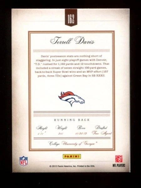 2011 Panini Prime Signatures #162 Terrell Davis #/499 🏈 - Image 2 of 3
