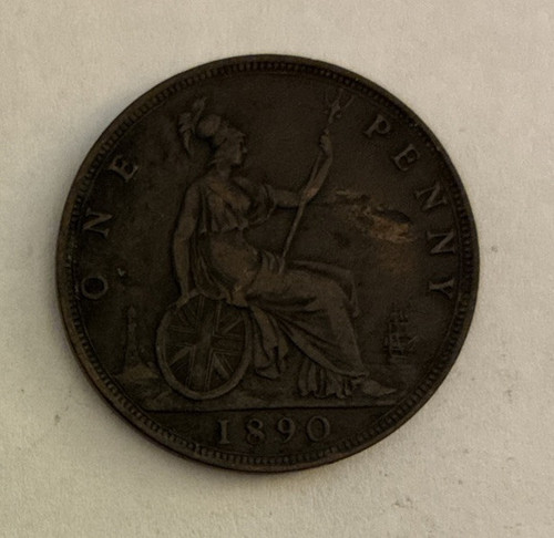 1890 United Kingdom 1 Penny Coin Queen Victoria