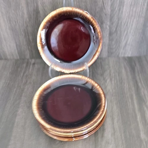 SET OF 8 McCOY POTTERY BROWN DRIP GLAZE 7.5" SALAD BREAD PLATES
