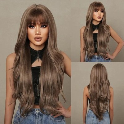 HAIRCUBE Brown Mixed Blonde Synthetic Wigs with Bang Long Natural Wavy Hair Wig 