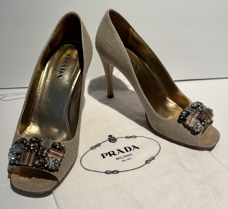 PRADA Beige Linen Jeweled Gold Lame Leather Open Toe High Heel Shoes Pumps Bag 9