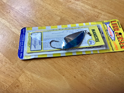 Vintage Luhr Jensen MANISTEE Blue/Silver Spoon RARE SIZE #3 1/2- Original Pak - Picture 3 of 4