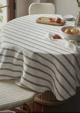 NEW 70” ROUND TABLECLOTH Threshold Target WHITE W/ NAVY BLUE STRIPES Party Bulk