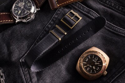 22mm Bronze Hardware Black Adjustable Seat Belt Single Pass Nato Watch  Strap