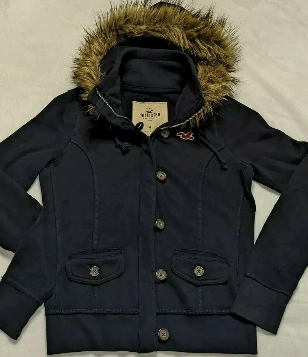 Hollister Women s Medium Faux Fur Hooded Soft Blue Button Zip