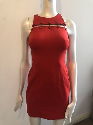 Versus Versace Lion Head Safety Pin Red Dress UK 12 IT 44 Pencil Bodycon Party
