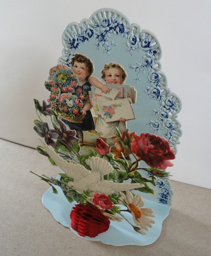 Vintage 3D Fold-out Valentine Card, Embossed & Glossy, Dove with Rose c1900s - 第 2/9 張圖片