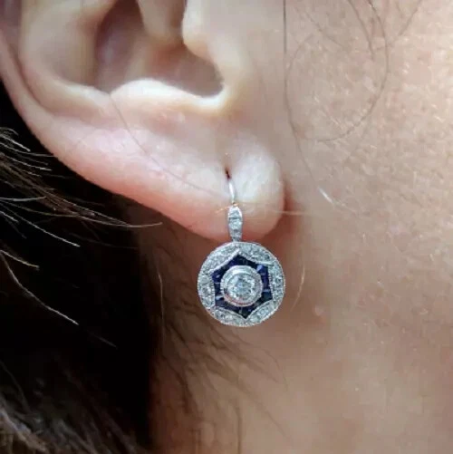 Art Deco Vintage Style Lab-Created Diamond & Sapphire Earrings 14k White Gold Fn - Image 3 of 4