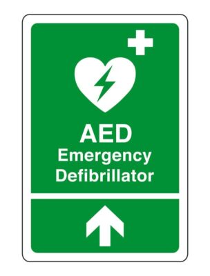 AED Notfall Defibrillator Pfeil nach oben Sicherheitsschild - für Innen/Außen PVC
