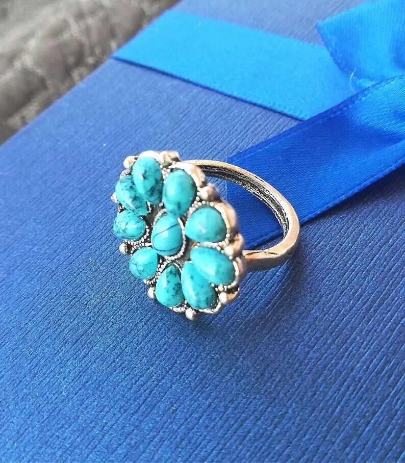 ANELLO FIORE TURCHESE NATURALE E ARGENTO TIBETANO 300 ANELLO STILE FLOREALE BALI - Immagine 4 di 4