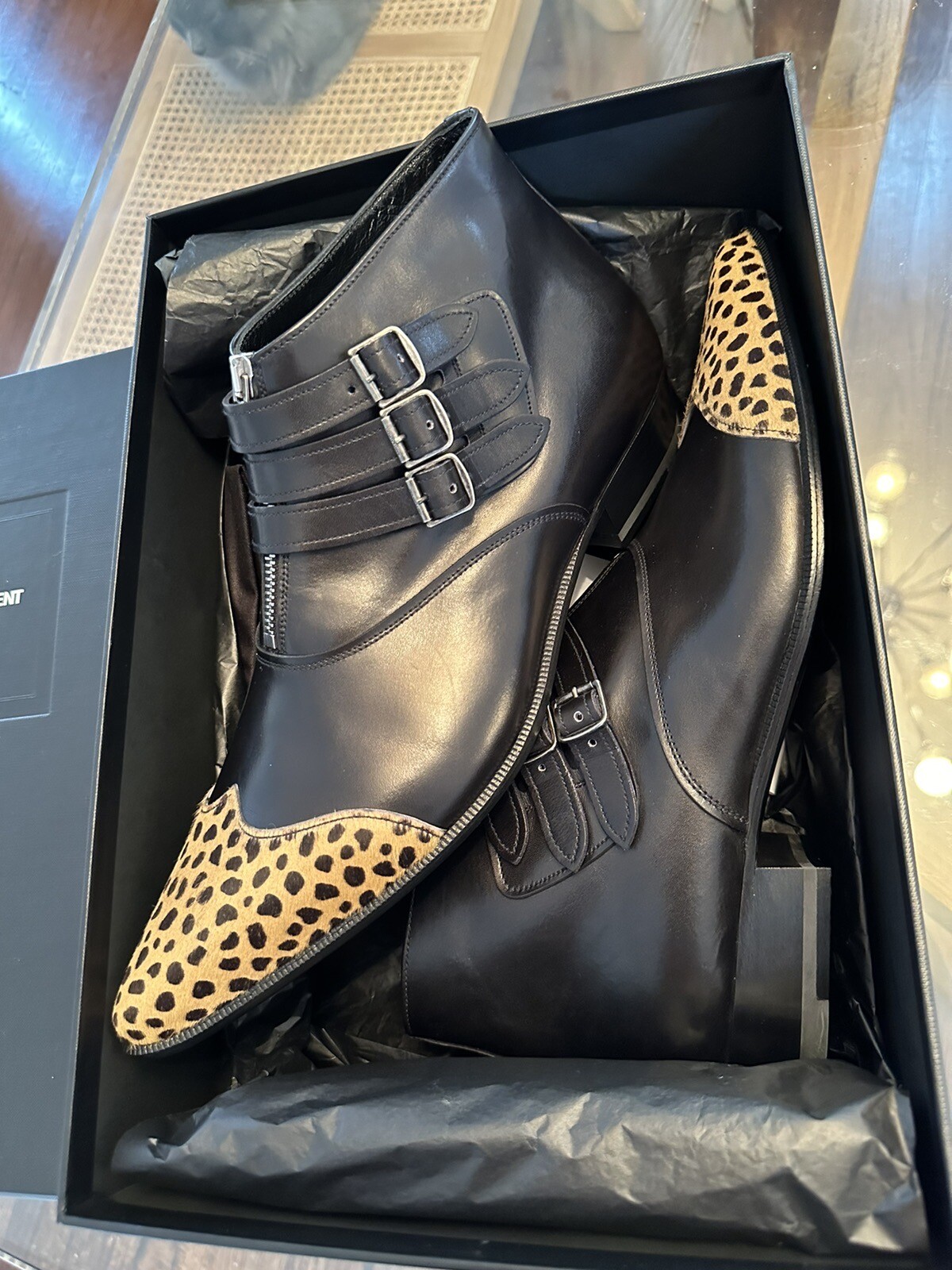 Stivaletti nuovi con scatola Saint Laurent pelle nera leopardata capelli anatra 44 5