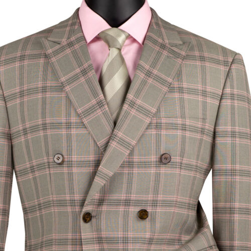 VINCI Men's Light Taupe Glen Plaid Stretch Double Breasted Modern-Fit Suit - NEW - Picture 2 of 3