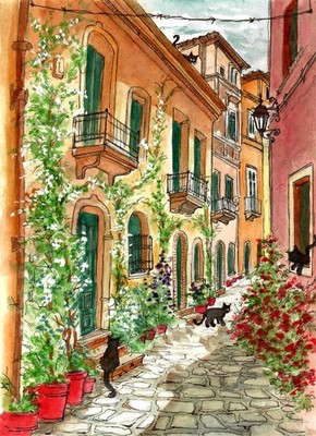 Cats In A Colorful Flowered Stone Alley (Signed, Matted Watercolor Art Print)