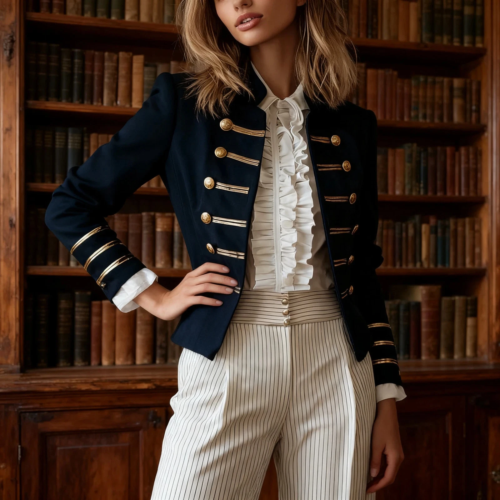 Womens Military Style Blazer Gold Button Navy Slim Fit Jacket Coat
Opens in a new window or tab