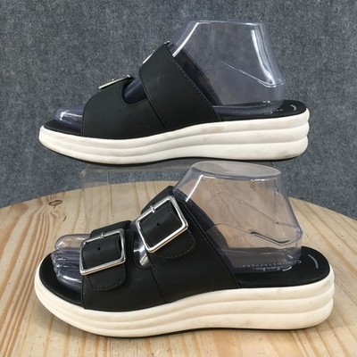 Clarks Cloudsteppers Sandals Womens 8 W Drift Buckle Slip On Wedge Slide Black