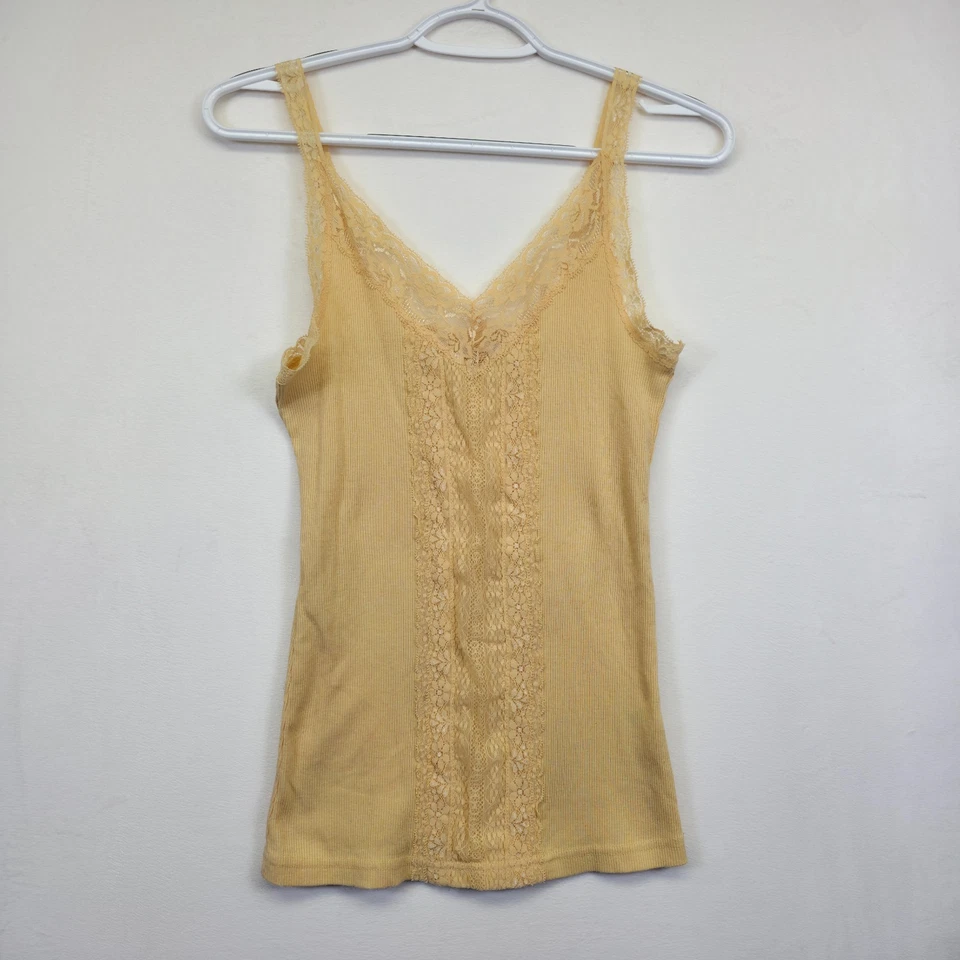 Y2K Tank Top Women S Yellow Floral Lace Trim Ribbed Knit Babydoll Coquette Fairy - Image 2 of 4