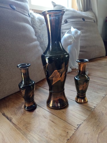 1960s Wheaton glass bottles lot Of 3 Smokey Brown With Gold Atomic Designs