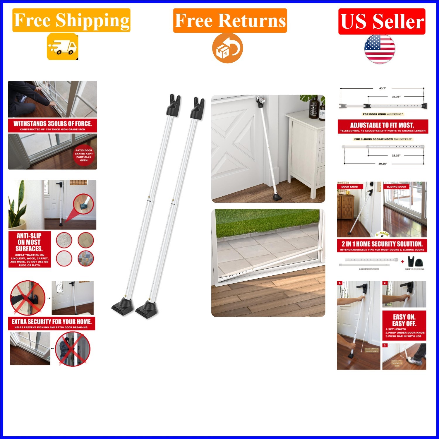 Door Security Bars For Home & Travel, White