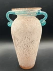 Vtg Hand-Blown Murano Glass Scavo Pink Art Glass Vase w/ Aqua Marine Handles