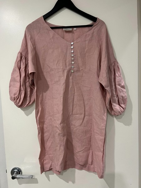 Aribella 3/4 Puff Sleeve Linen Mini Shift Dress Pink Size Small