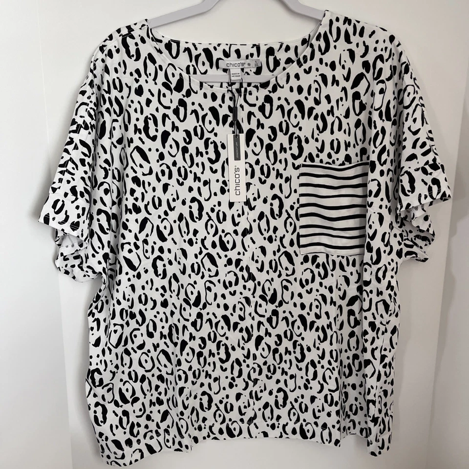 Blusa Chico’s Estampado Animal Talla 4 Negra Blanca XXL Camisa Guepardo Plus