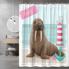 Walrus Beach Shower Curtain Nautical Sea Animal Lighthouse Anchor