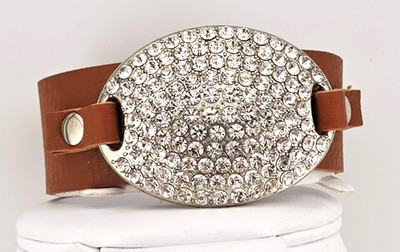 Cuff Bracelet Silver Tone Rhinestone Clip Brown  Faux Leather Snap Close  9''