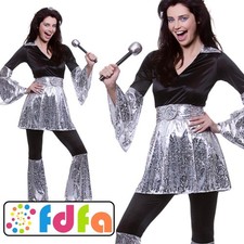 Wicked 1970s 70's Black & Silver Mamma Mia Ladies Adults Fancy Dress Costume