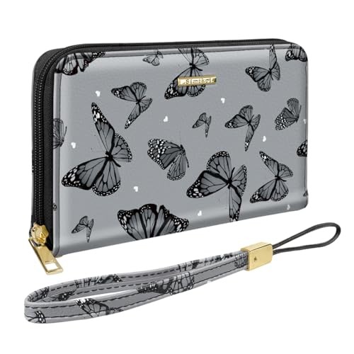 Large Capacity Wallets for Women RFID Blocking Leather Zip Black Butterflies