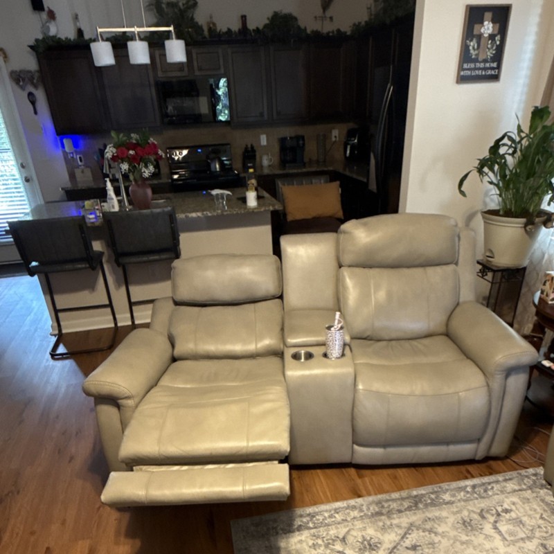 Beige Leather 2-Seat Reclining Loveseat, Solid Pattern with Cup Holders