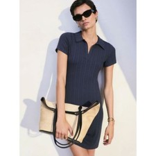 Madewell Ribbed Polo Mini Dress Large Navy Collared Knit Coastal Preppy Academia