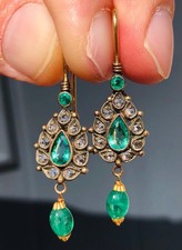 Antique Art Deco 3ct Natural Colombian Emerald & Diamond Earrings 9ct Gold