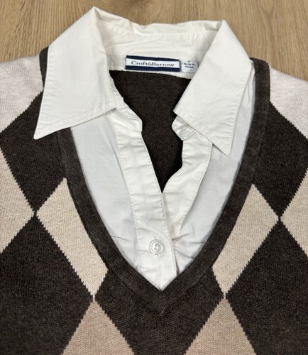 Croft & Barrow Sweater Women SMALL Brown Argyle Long Sleeve Sewn in Ivory Collar - Picture 2 of 18