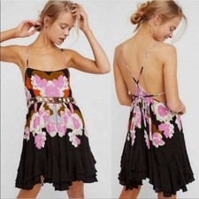 Intimately Free People Sweet Lucy Slip Mini Dresss Sz M Womans Black Pink Floral