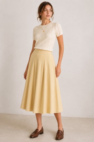 Perry Ellis, Vintage Perry Ellis Portfolio Wool Pleated Midi Skirt Buttercream Yellow USA 0-2