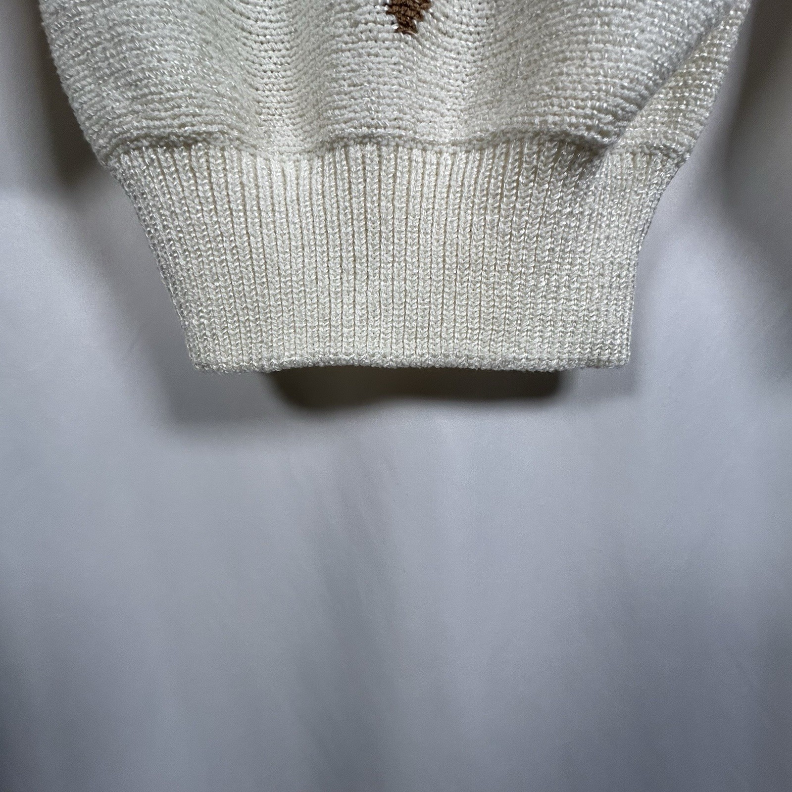 VTG 80s Sideffects Knit Beverly Small Sweater Cream Brown w Beads Shoulder Pads