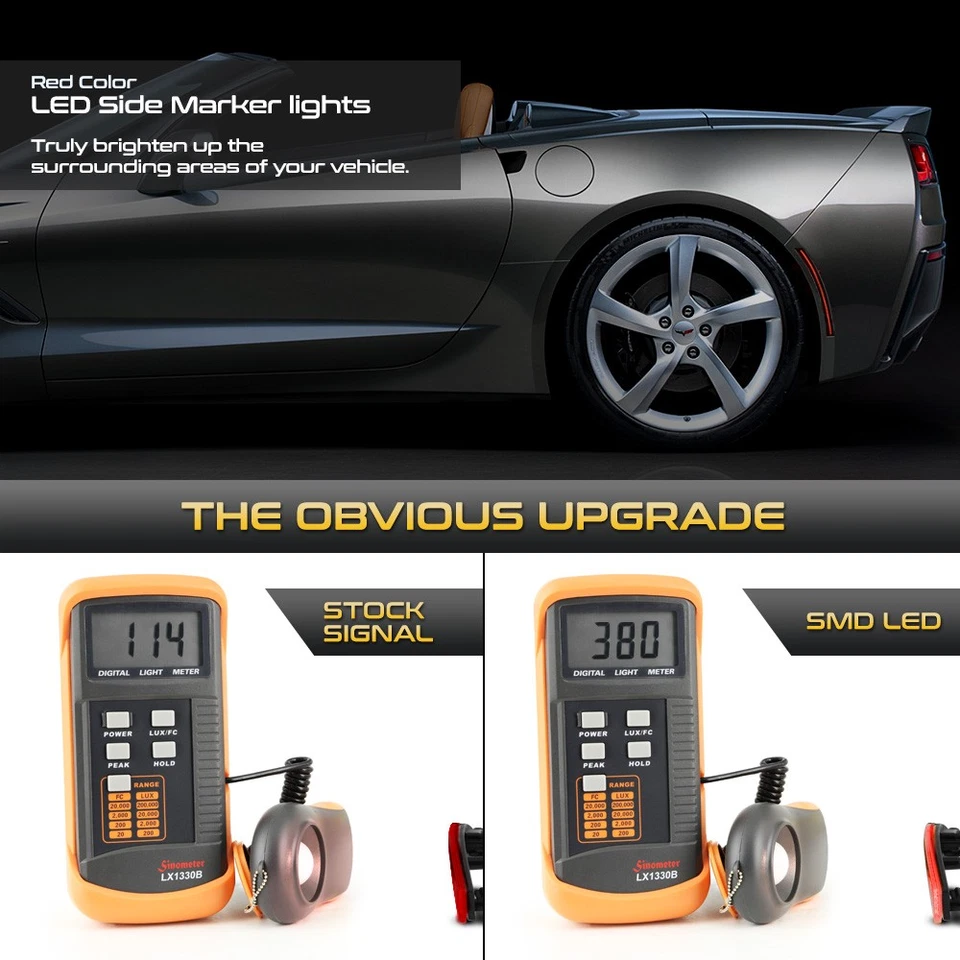 Chrome Bezel Red LED Strip Rear Side Marker Light Lamp SET For Chevy C7 Corvette Foto 3 de 4