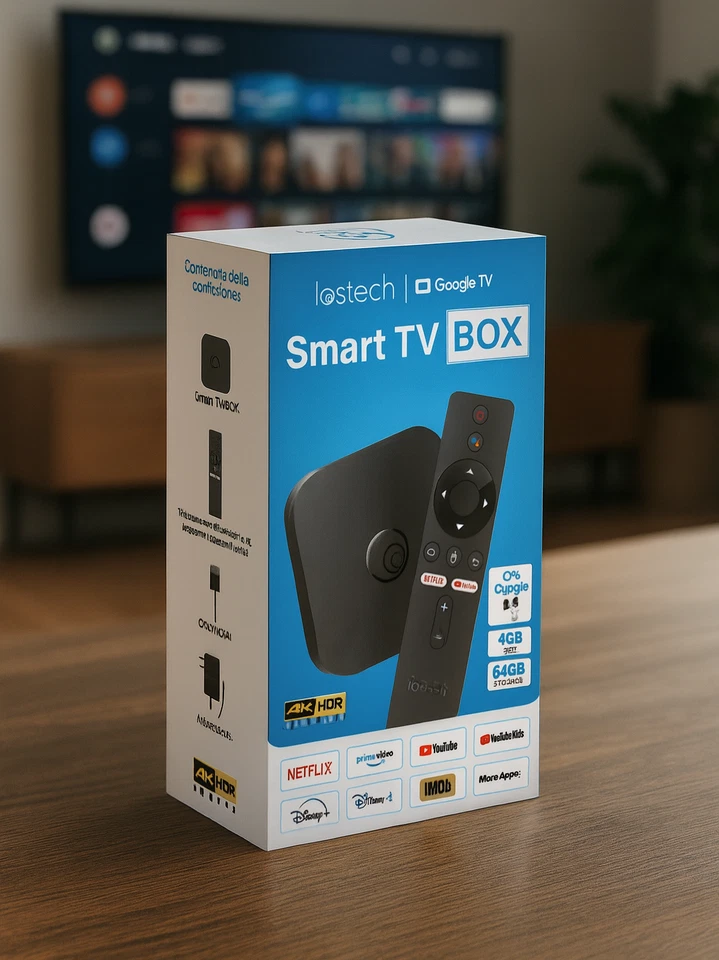 TV Box 4K Google SMART TV Android 13 Smart WiFi 4GB RAM 64GB ROM Chromecast HD - Immagine 3 di 4