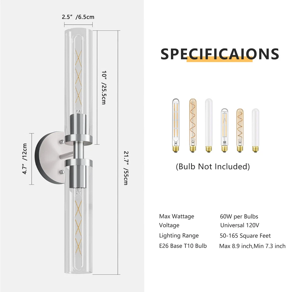 2 Pack 12" Modern Nickel Wall Light LED Sconce Glass Shade Mirror Lamp Fixtures - Image 2 of 4